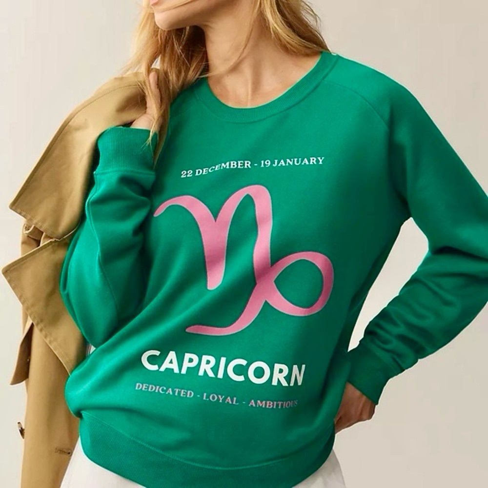 Anthropologie Green Crewneck Capricorn Sweatshirt with Pink Accent